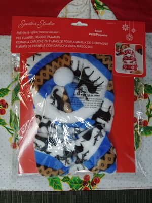 ( 1) Christmas Santa's Studio Pet Flannel Hoodie Pajamas REINDEER Pattern (1 ct) - SMALL (KITTEN SIZED!!!) - NECK 9.8" (24.8 cm) , WAIST 13.7" (34.7 cm) , LENGTH 7.8" (19.8 cm)