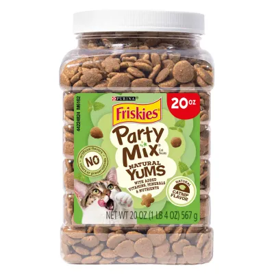 * Purina Friskies Party Mix Natural Cat Treats Natural Yums Catnip Flavor and Added Vitamins, Minerals and Nutrients - 20 oz. Canister