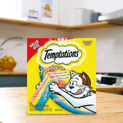 * TEMPTATIONS Creamy Puree with Chicken, Salmon, and Tuna Variety Pack of Lickable, Squeezable Cat Treats, 0.425 Oz Pouches, 24 Count (24 Variety Pack) - (works out as $10 per tube)