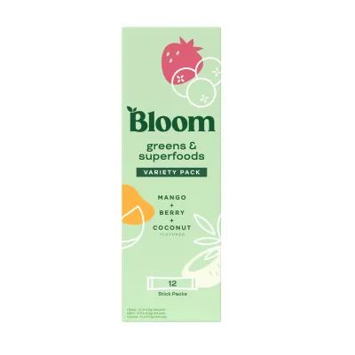 Bloom Nutrition Greens &amp; Superfoods Powder Sticks, for Gut Health, Mango, Berry, and Coconut Flavor, 12 Count