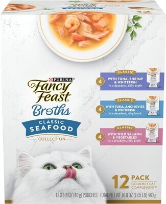Purina Fancy Feast Lickable Wet Cat Food Broth Complement Classics Collection Variety Pack, BROTHS CLASSIC COLLECTION - (12) 1.4 oz. Pouches (works out as $20 per pouch)