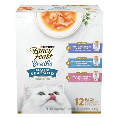 Purina Fancy Feast Lickable Wet Cat Food Broth Complement Classics Collection Variety Pack, BROTHS CLASSIC COLLECTION - (12) 1.4 oz. Pouches (works out as $20 per pouch)