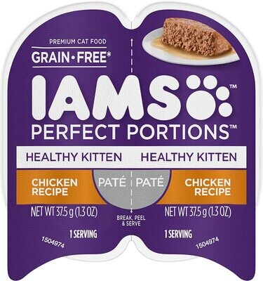 IAMS Perfect Portions Healthy KITTEN Grain Free* Wet Cat Food Paté, Chicken Recipe, 2.6 oz (Pack of 12); 12 Twin Packs; (24 Servings); (works out as $14.91 per Twin Tray)