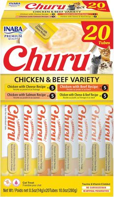 INABA Churu Cat Treats, 20 Grain-Free, Lickable, Squeezable Creamy Purée Cat Treat/Topper with Vitamin E &amp; Taurine, 0.5 Ounces Each Tube, 20 Tubes, Chicken &amp; Beef Variety Box ($13 per tube)