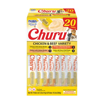 INABA Churu Cat Treats, 20 Grain-Free, Lickable, Squeezable Creamy Purée Cat Treat/Topper with Vitamin E &amp; Taurine, 0.5 Ounces Each Tube, 20 Tubes, Chicken &amp; Beef Variety Box ($13 per tube)