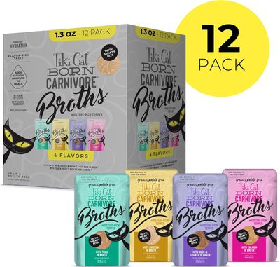 Tiki Cat Born Carnivore Broths Variety Pack, Meaty Bites, Hydration and Flavor Supplement Wet Cat Food Topper, 1.3 oz. Pouch (Pack of 12) - works out as $19.91 per pouch