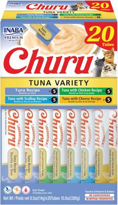 INABA Churu Cat Treats, 20 Lickable, Squeezable Creamy Purée Cat Treat with Green Tea Extract &amp; Taurine, 0.5 Ounces Each Tube, 20 Tubes, Tuna Variety Box (works out as $13 per tube)