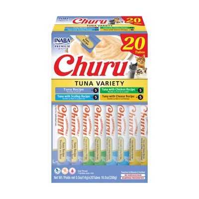 INABA Churu Cat Treats, 20 Lickable, Squeezable Creamy Purée Cat Treat with Green Tea Extract &amp; Taurine, 0.5 Ounces Each Tube, 20 Tubes, Tuna Variety Box (works out as $13 per tube)