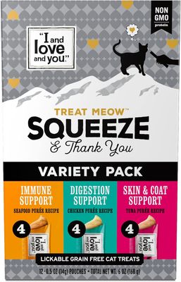 I AND LOVE AND YOU Treat Meow Lickable Cat Treat Variety Pack - Chicken, Tuna, and Seafood Puree - Squeeze Treat, 0.5oz, 12ct Box (12 count tubes)