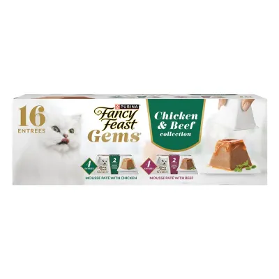 Fancy Feast Purina Gems Mousse Pate Chicken and Beef Variety Pack Topped with Savory Gravy Cat Food - 8 ct. Box -(Pack of 8) 4 oz Boxes-4 oz Box (Pack of (8) 2-Serving Boxes; 16 Servings)-PREMIUM