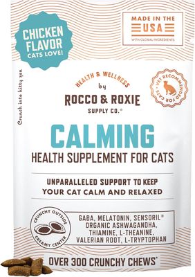 (1) Rocco &amp; Roxie Cat Calming Treats with Melatonin for Cats, Stress &amp; Anxiety Relief, Keep Calm for Grooming, Travel, or Vet Visits, Aid Sleep with Organic Ashwagandha &amp; GABA, Chicken Flavored Chews