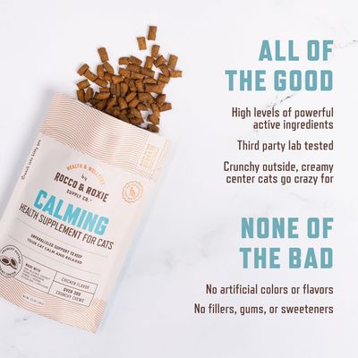(1) Rocco &amp; Roxie Cat Calming Treats with Melatonin for Cats, Stress &amp; Anxiety Relief, Keep Calm for Grooming, Travel, or Vet Visits, Aid Sleep with Organic Ashwagandha &amp; GABA, Chicken Flavored Chews