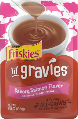 Purina Friskies Lil' Gravies Savory Salmon Flavor Cat Food Complement Lickable Cat Treats - (Pack of 16) 1.55 oz. Pouches (works out as $18.50 per pouch)
