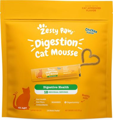 (18) Zesty Paws Cat Mousse Squeezies Puree Cat Treats for Digestion - with Seaweed, Omega Fatty Acids, Antioxidants - Support for Digestive Health Cats - Chicken Flavor - 18 Count ($11.27 per tube)