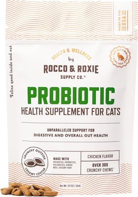 (1) Rocco &amp; Roxie Cat Probiotic Health Supplement for Cats, Prebiotic &amp; Postbiotic for Digestive + Gut Support, Constipation Relief, Anti Diarrhea, Supplements &amp; Vitamins, Chicken Flavor Crunchy Chews