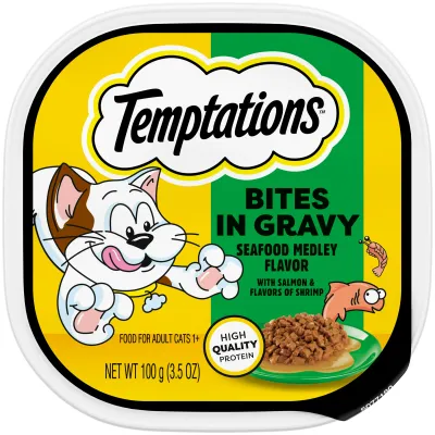( 1) BUY 1 GET 1 FREE - Temptations Seafood Medley Flavor Bites In Gravy Wet Cat Food, 3.5 Oz Tray - SEAFOOD MEDLEY FLAVOR - Expiry: 01.07.2026