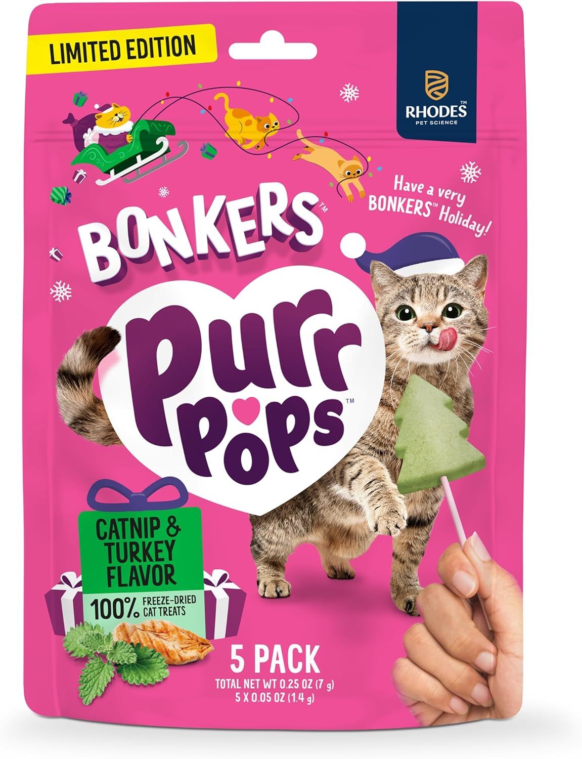 ( 1) Bonkers Purrpops Xmas Limited Edition Christmas Trees Freeze-Dried Catnip &amp; Turkey Flavored Lollipop Cat Treats, 5 Pieces (5 Purrpops) - EXPIRY: JAN/02/2027