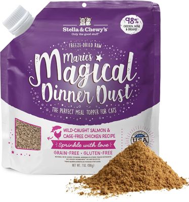 * Stella &amp; Chewy's Freeze-Dried Raw Cat &amp; Kitten Food Topper - Magical Dinner Dust - Premium Wild-Caught Salmon &amp; Cage-Free Chicken - Grain-Free, Protein-Rich - Perfect For Picky Eaters - 7 oz