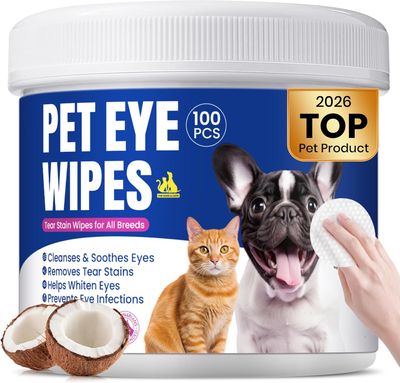 * Pet Eye Wipes, Tear Stain Remover for All Dogs &amp; Cats – Hypoallergenic &amp; Deodorizing Eye Wipes for Dogs, Pet Eye Cleaner Wipes with Enzymes for Discharge, Crust, Mucus &amp; Debris, Coconut (100 Ct)