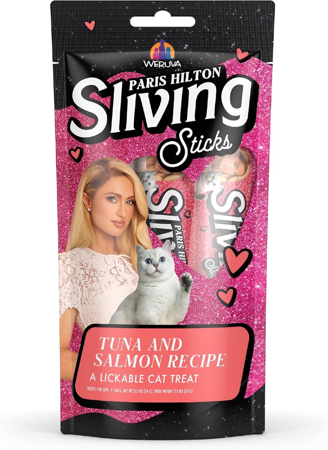 ( 1) * ​Weruva Paris Hilton Pamper Like Paris Sliving Sticks, Tuna and Salmon, 0.5oz Lickable Cat Treats, Pack of 5 ; Flavor Name: Tuna and Salmon, Size: (Pack of 5) (works out as $13.80 per tube)