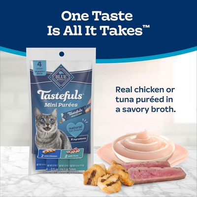Blue Buffalo Tastefuls Mini Purées, Adult Cat Natural Single-Serving Snack, 4-Count Variety Pack Chicken and Tuna, 0.5 oz. (Pack of 1) - (works out as $12.25 per tube)