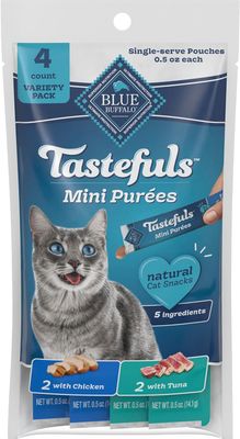 * Blue Buffalo Tastefuls Mini Purées, Adult Cat Natural Single-Serving Snack, 4-Count Variety Pack Chicken and Tuna, 0.5 oz. (Pack of 1) - (works out as $12.25 per tube)