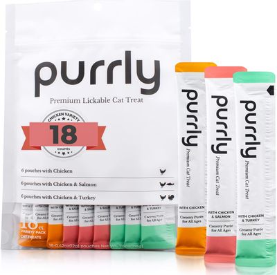 * Purrly Lickable Wet Cat Treats Healthy Grain-Free Chicken Variety Pack (18 Count) Squeezable Creamy Purée with Human-Grade Protein Functional Nutrients Non-GMO No-Artificial-Additives Low-Phosphorus