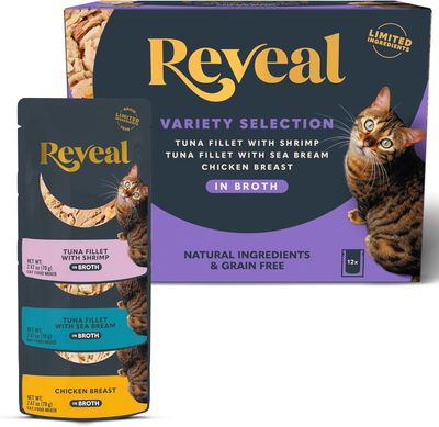 * Reveal Natural Wet Cat Food, 12 Count, Grain Free, Limited Ingredient Cat Food Pouches, Fish and Chicken Variety in Broth, 2.47 oz Pouches - (works out as $22.00 per pouch)
