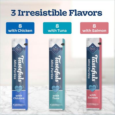Blue Buffalo Tastefuls Mini Purées Natural Cat Treats, Chicken, Tuna, Salmon Variety Pack, 0.5 oz. Single Servings, 24-Count - (works out as $11.25 per tube)