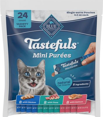 * Blue Buffalo Tastefuls Mini Purées Natural Cat Treats, Chicken, Tuna, Salmon Variety Pack, 0.5 oz. Single Servings, 24-Count - (works out as $11.25 per tube)