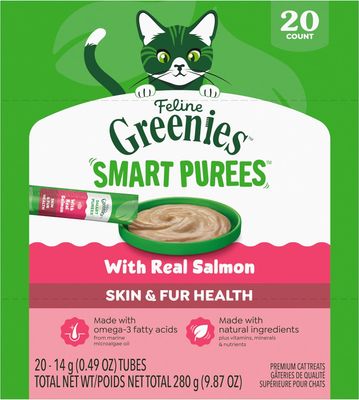 * Greenies Feline Smart Purees Skin &amp; Fur Health Lickable Cat Treats with Real Salmon, 0.49 oz. Tubes, 20 Count (works out as $12.00 per tube)