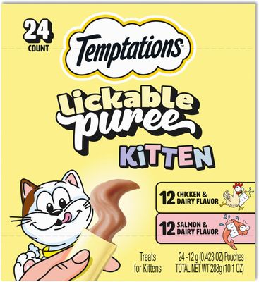 * Temptations Puree Kitten Treats Lickable, Chicken and Salmon Variety Pack, 24 Pouches (works out as $10.50 per tube)
