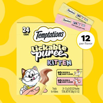 * Temptations Puree Kitten Treats Lickable, Chicken and Salmon Variety Pack, 24 Pouches (works out as $10.50 per tube)