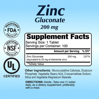 Zinc ~ 200 MG × 100 Tabletas