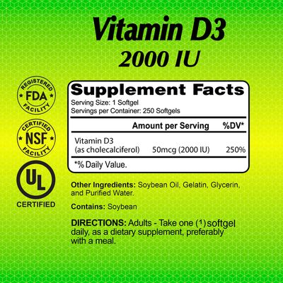 Vitamina D3 ~ 2.000 UI × 250 Sofgels