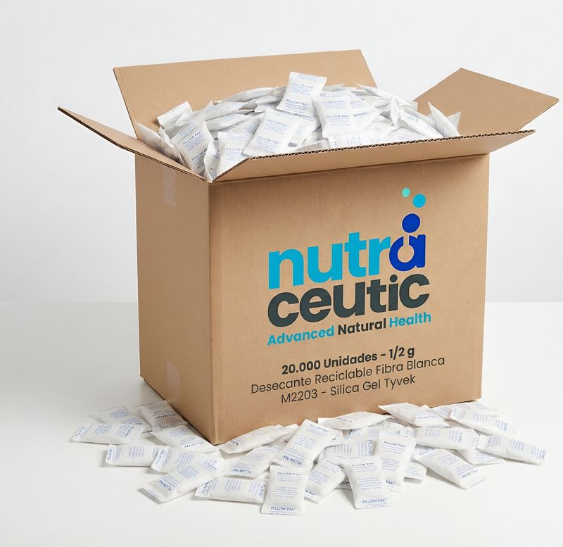 1/2 Desecante Reciclable Fibra Blanca con gel de sílice en paquete Tyvek impreso × 20.000 Unidades