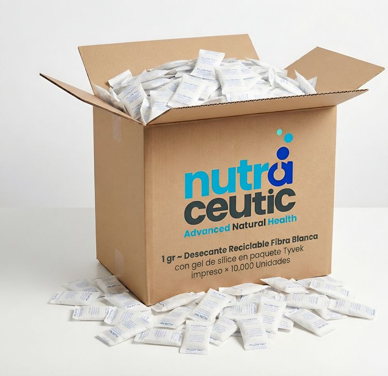 1/2 Desecante Reciclable Fibra Blanca con gel de sílice en paquete Tyvek impreso × 20.000 Unidades