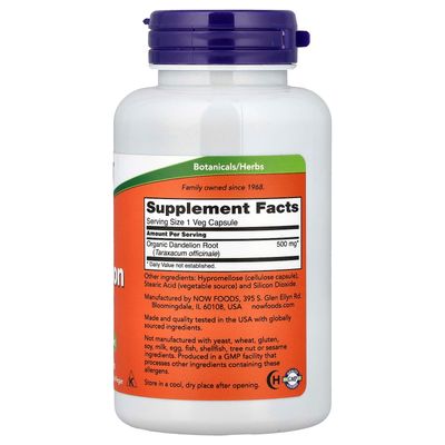 DANDELION ROOT NOW - 500Mg x 100 Veggie Capsules