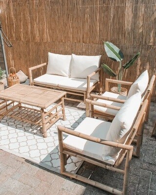 Set de muebles de jardín 4 piezas y cojines bambú