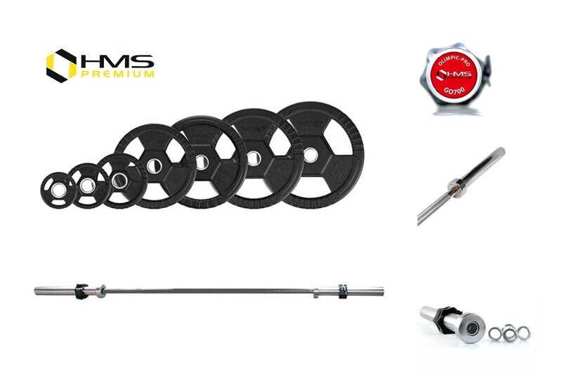 Set Discos Olímpicos TOH01 HMS PREMIUM 115 KG + Barra Olímpica Profesional GO700 220 CM - 8 Rodamientos