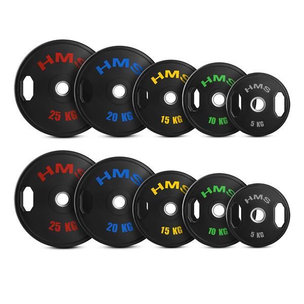 SET DISCOS OLÍMPICOS PROFESIONALES DE ACERO Y CAUCHO VIRGEN 2 x 5 - 25 KG (150 KG) HMS TOG