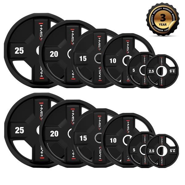 SET 155 KG DISCOS OLÍMPICOS COMERCIALES DE POLIURETANO CPU HMS