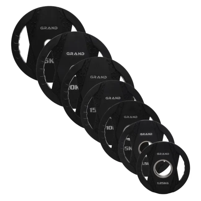 JUEGO DE DISCOS OLÍMPICOS COMERCIALES CON RECUBRIMIENTO DE GOMA – 157,5 KG GRAND FITNESS