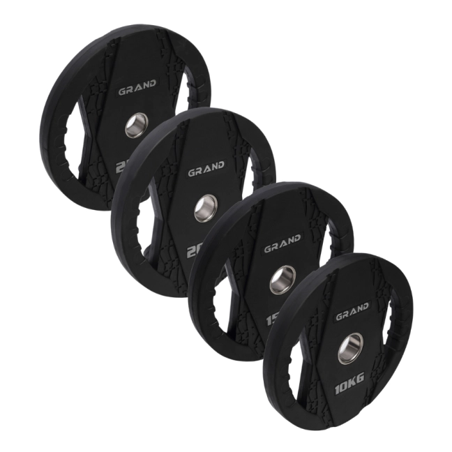 JUEGO DE DISCOS OLÍMPICOS COMERCIALES CON RECUBRIMIENTO DE GOMA – 157,5 KG GRAND FITNESS