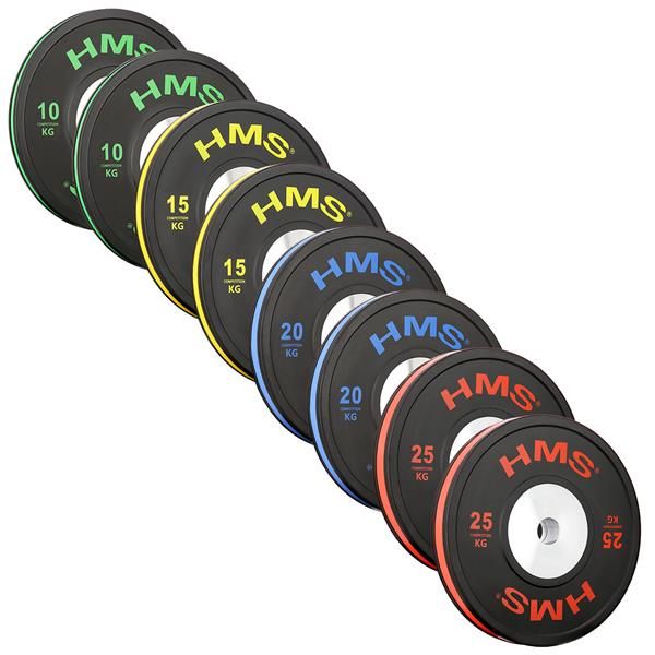 DISCOS BUMBER PROFESIONALES HMS OLÍMPICOS BTBR - SET 140 KG (10 kg. 15 kg. 20 kg. 25 kg)