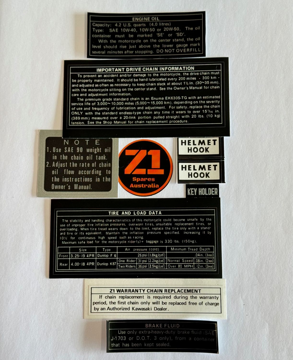 Z1 900 November 1972 to August 1973 warning decal set