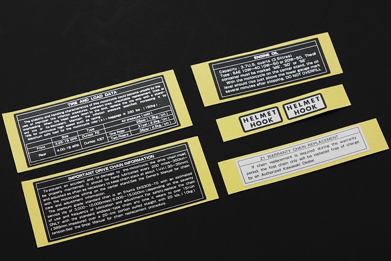 Kawasaki Z1 900 warning caution decal kit .Helmet hook ,engine oil, tyre load,Drive chain