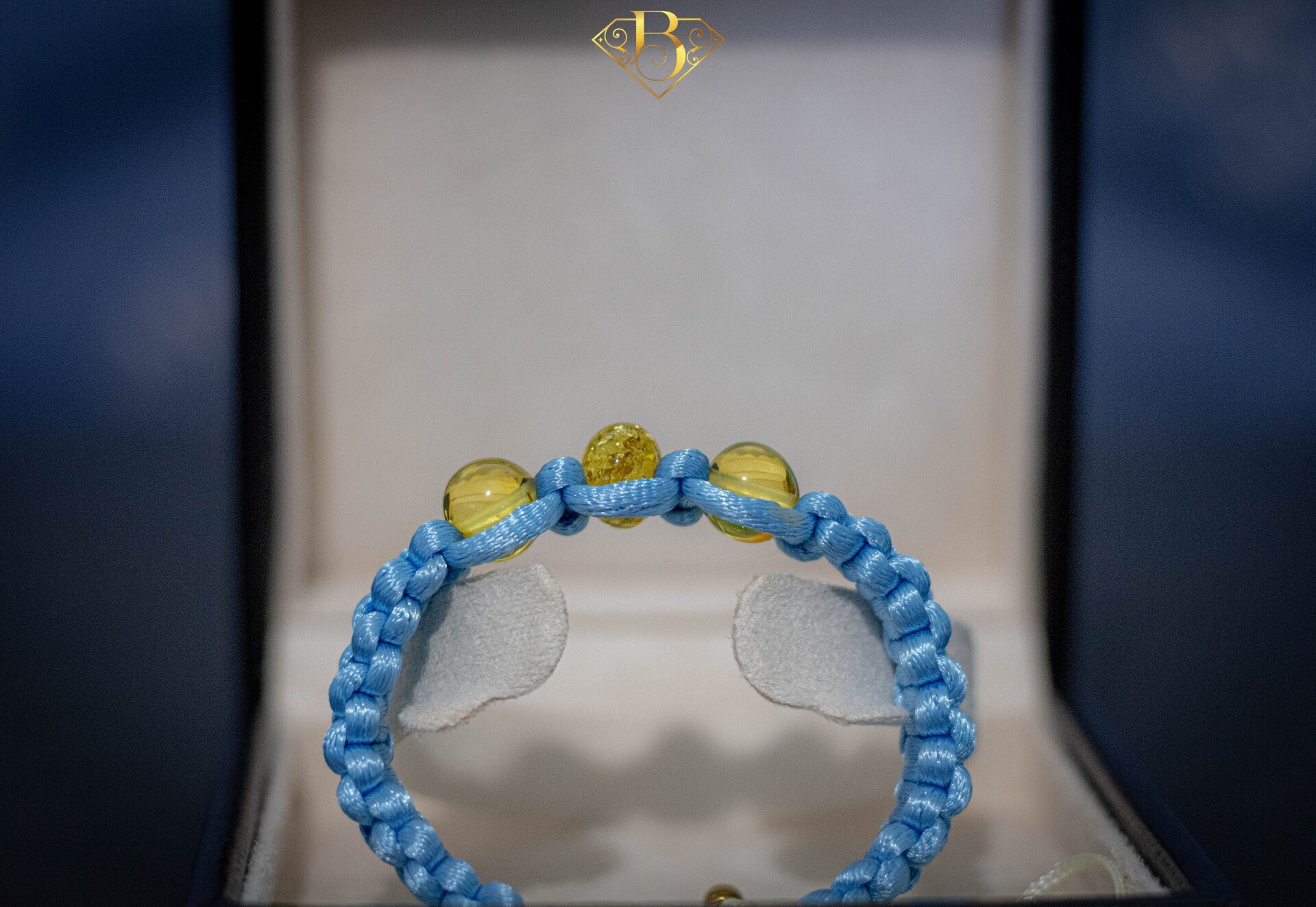 3 Beads Amber Macrame Bracelet Baby Blue