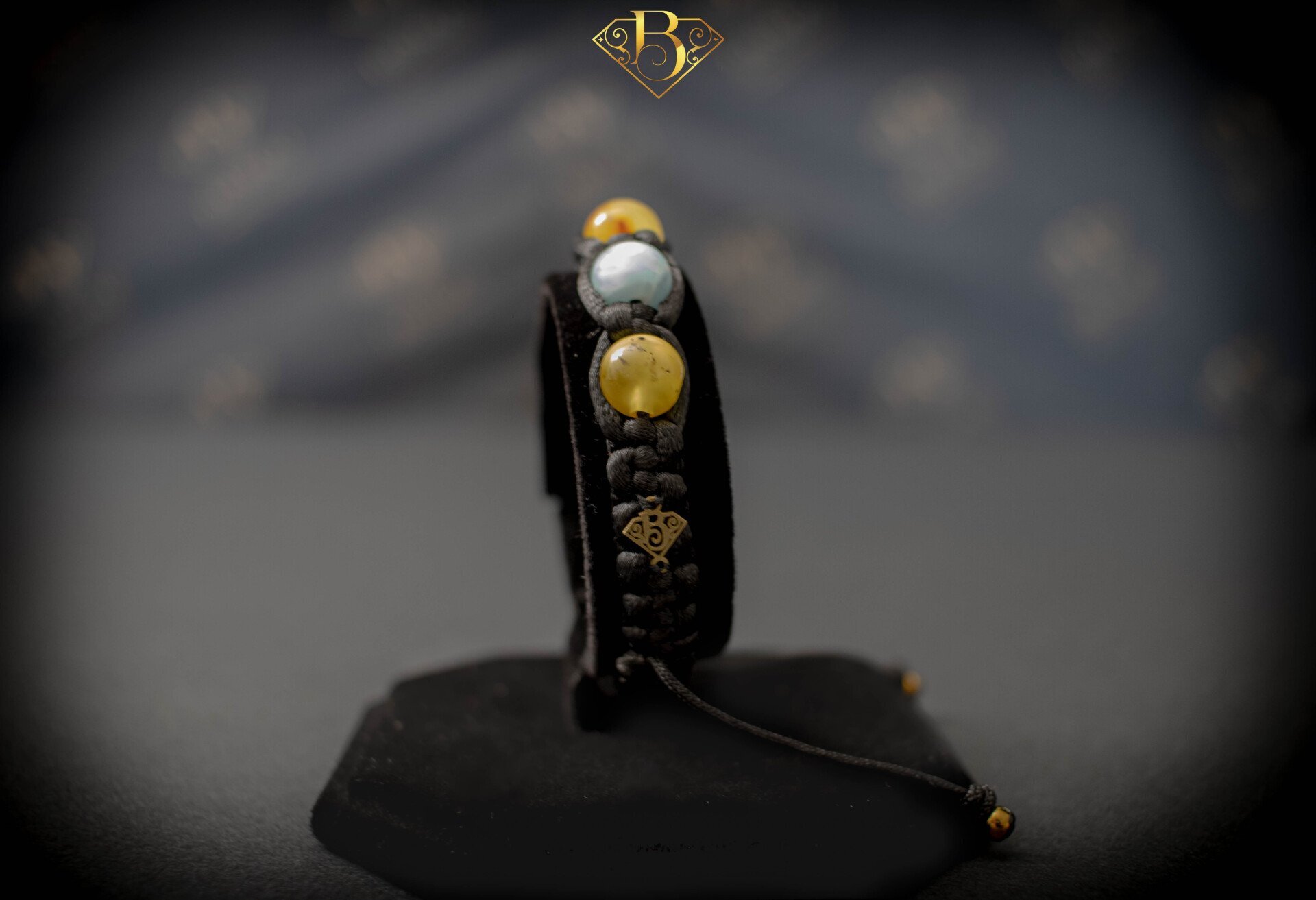 6 Beads Amber/Larimar Macrame Bracelet