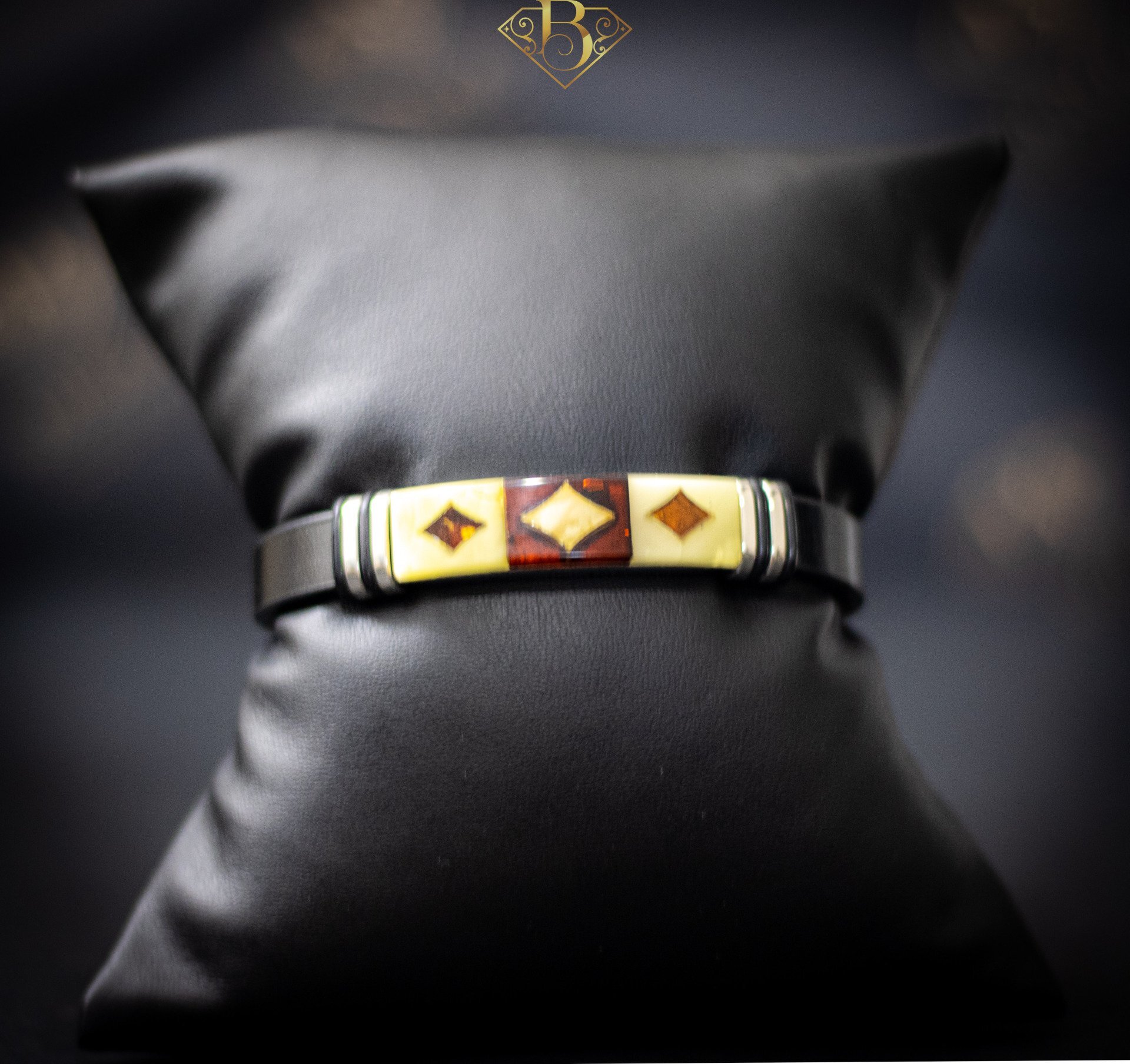 Yellow/Cherry Amber Leather Bracelet (Diamond)